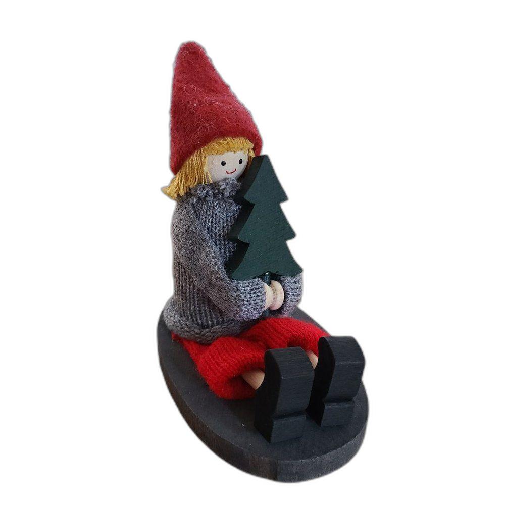 Handmade Sweden Larssons Tra Wood Christmas Figurine Girl on Sled Holding Tree